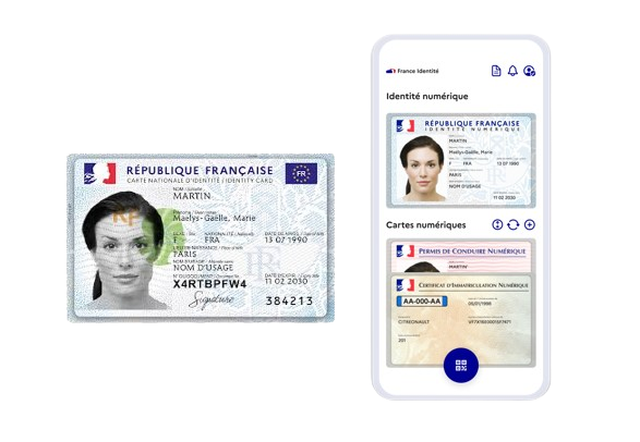 Carte d'identité au nouveau format et page d'accueil de l'application France Identité