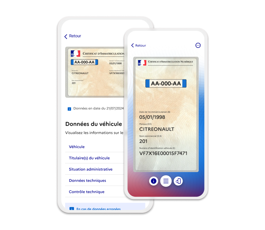 Capture d'écran de la carte grise numérique dans l'application France Identité